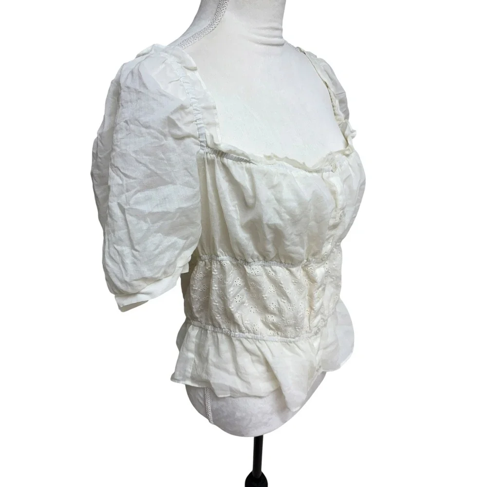 Reformation Cream Off White Ren Fair Peplum Puff Sleeve Button Down Top - XL